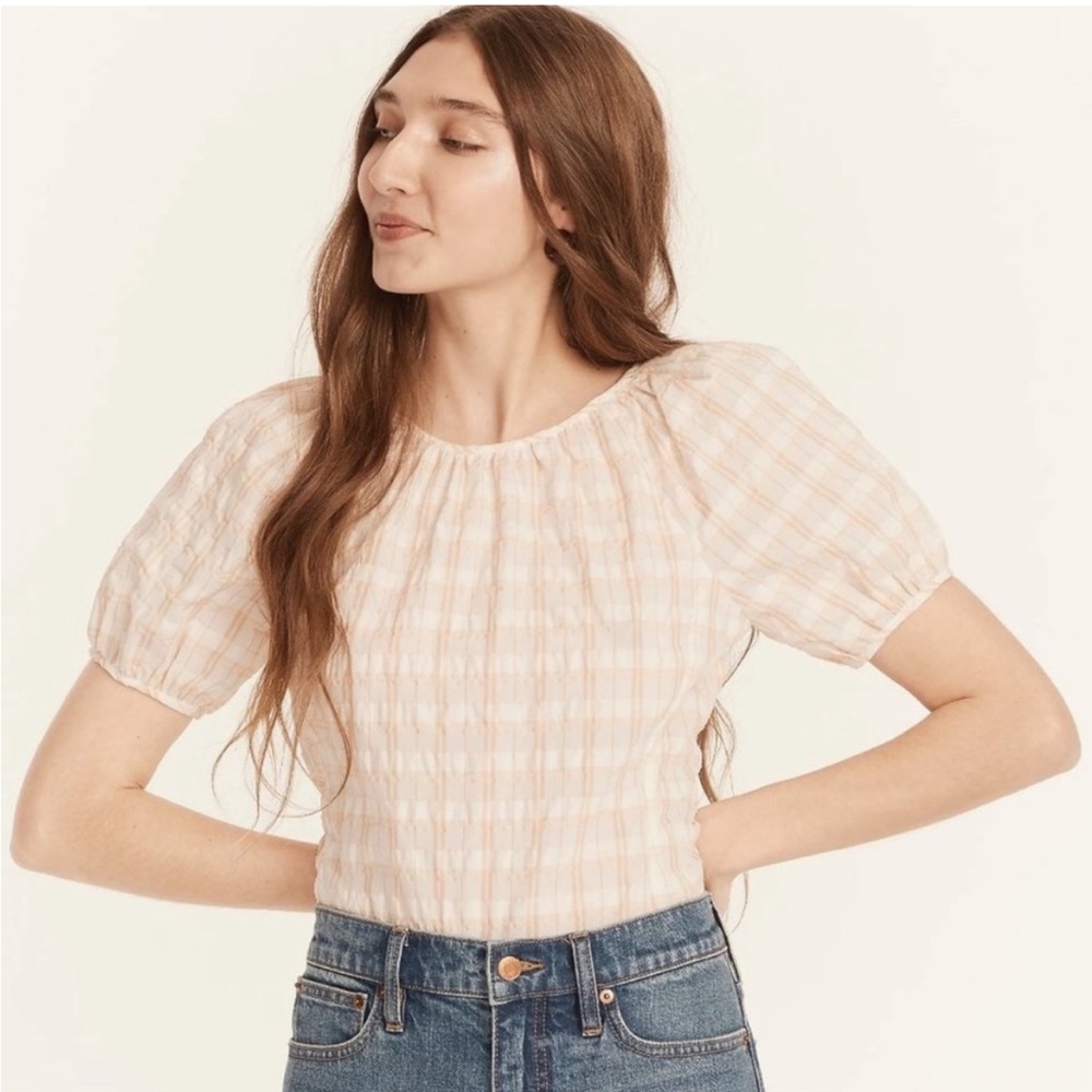 J.Crew V-back puff-sleeve top in textured plaid